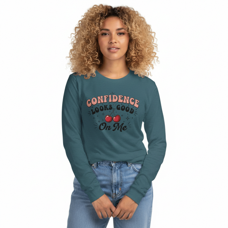 Unisex long sleeve tee in black, featuring "Confidence looks good on me" slogan, crafted from soft, breathable cotton.