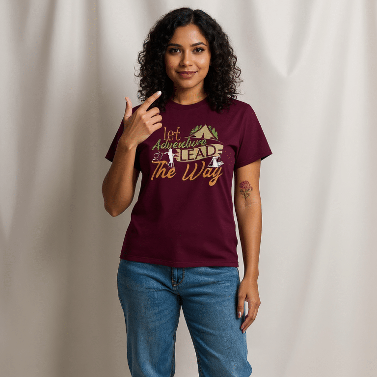 Unisex classic tee in Sport Grey with "Let's Adventure Lead The Way" graphic, 100% cotton, perfect for trendy streetwear.