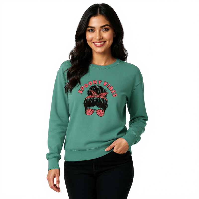Unisex garment-dyed sweatshirt in vintage-washed colors, relaxed fit, perfect for everyday wear, ideal for spooky vibes.