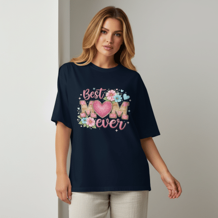 Unisex oversized high neck t-shirt in white with "Best Mom Ever" print, made from 100% organic cotton, perfect for streetwear.