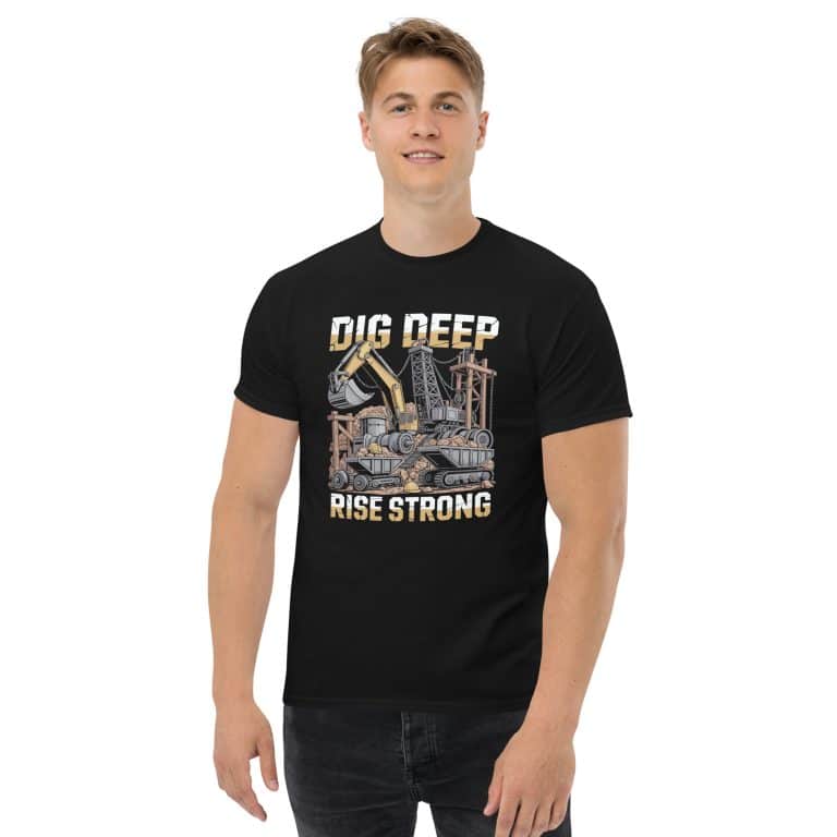 Unisex classic tee "Dig Deep Rise Strong" in Sport Grey, 100% cotton, structured fit, perfect for trendy streetwear outfits.