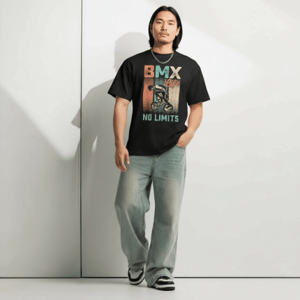 Men's oversized boxy tee with BMX Life No Limits graphic, drop shoulder sleeves, ribbed collar, vintage streetwear style, 100% cotton