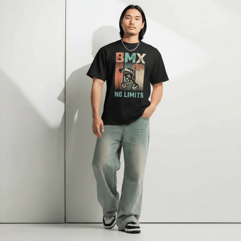 Men's oversized boxy tee with BMX Life No Limits graphic, drop shoulder sleeves, ribbed collar, vintage streetwear style, 100% cotton