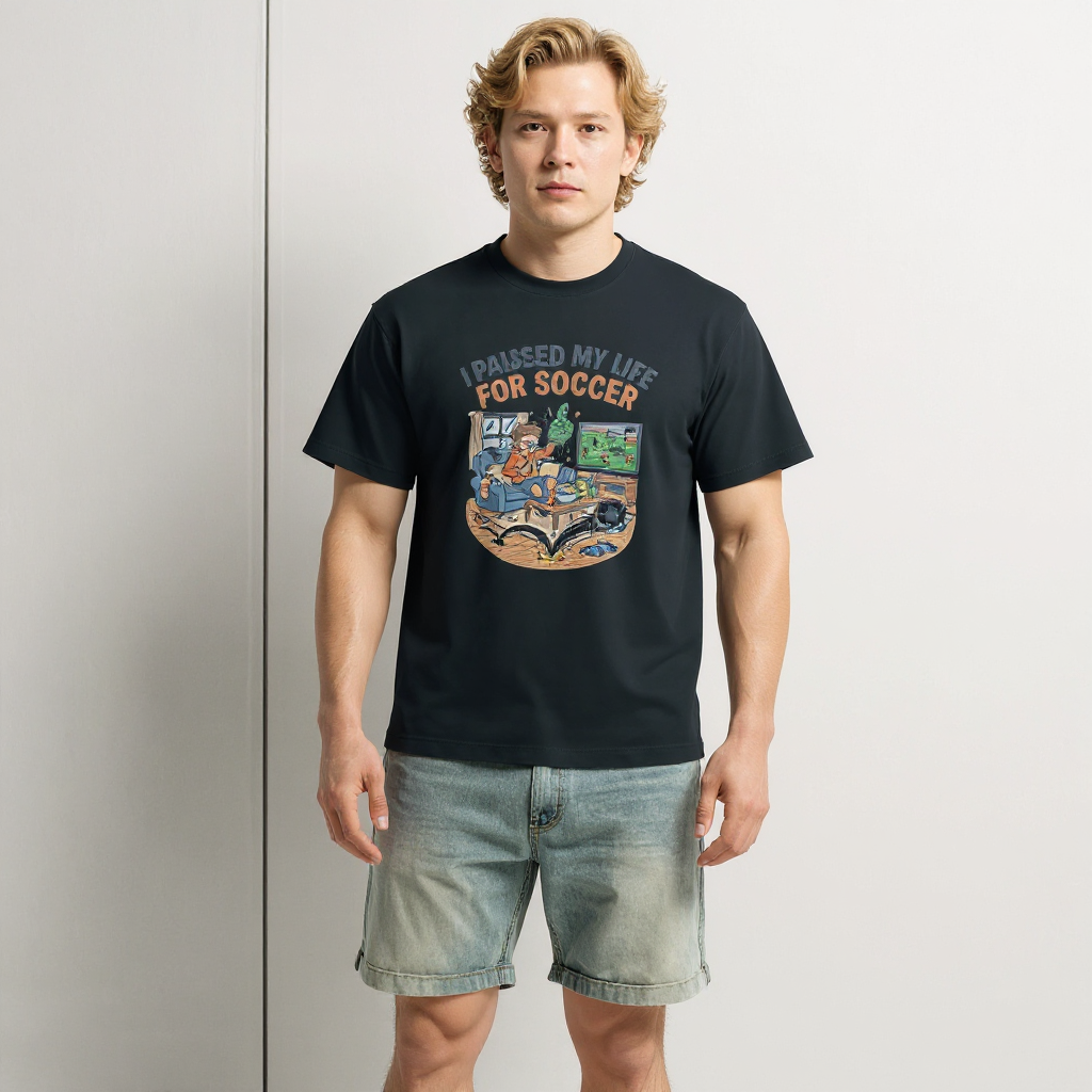 Mens_box_tee_-_I_Paused_My_Life_For_Soccer_realmodel_20260621_142311 Men’s box tee - I Paused My Life For Soccer - Image 1