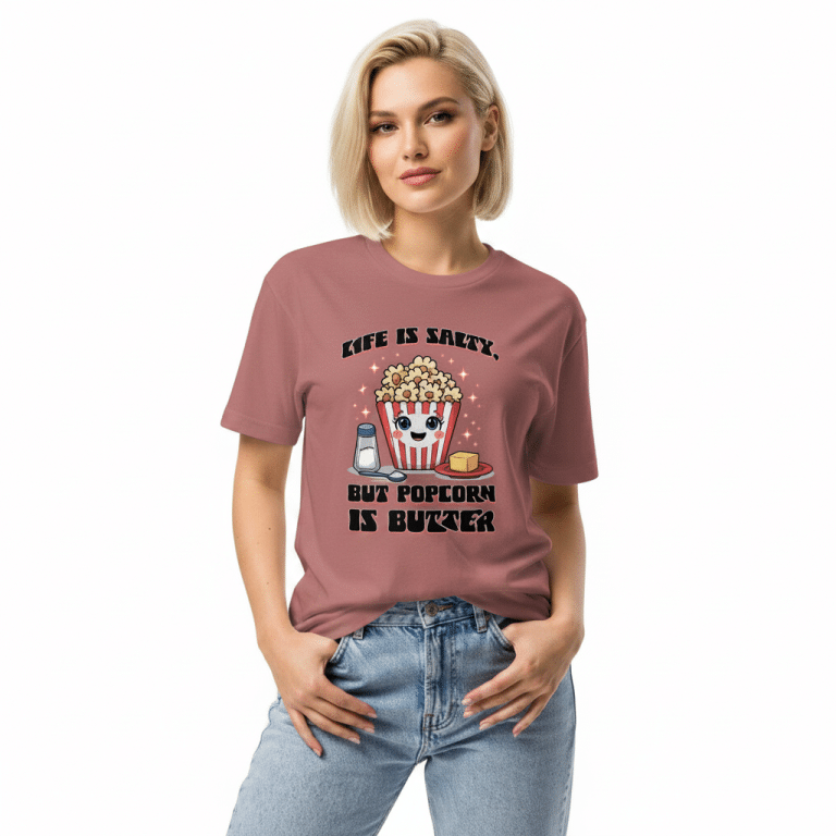 Next Level 6210 unisex fitted crew neck tee, lightweight cotton-polyester blend, featuring "Life is salty" popcorn graphic.