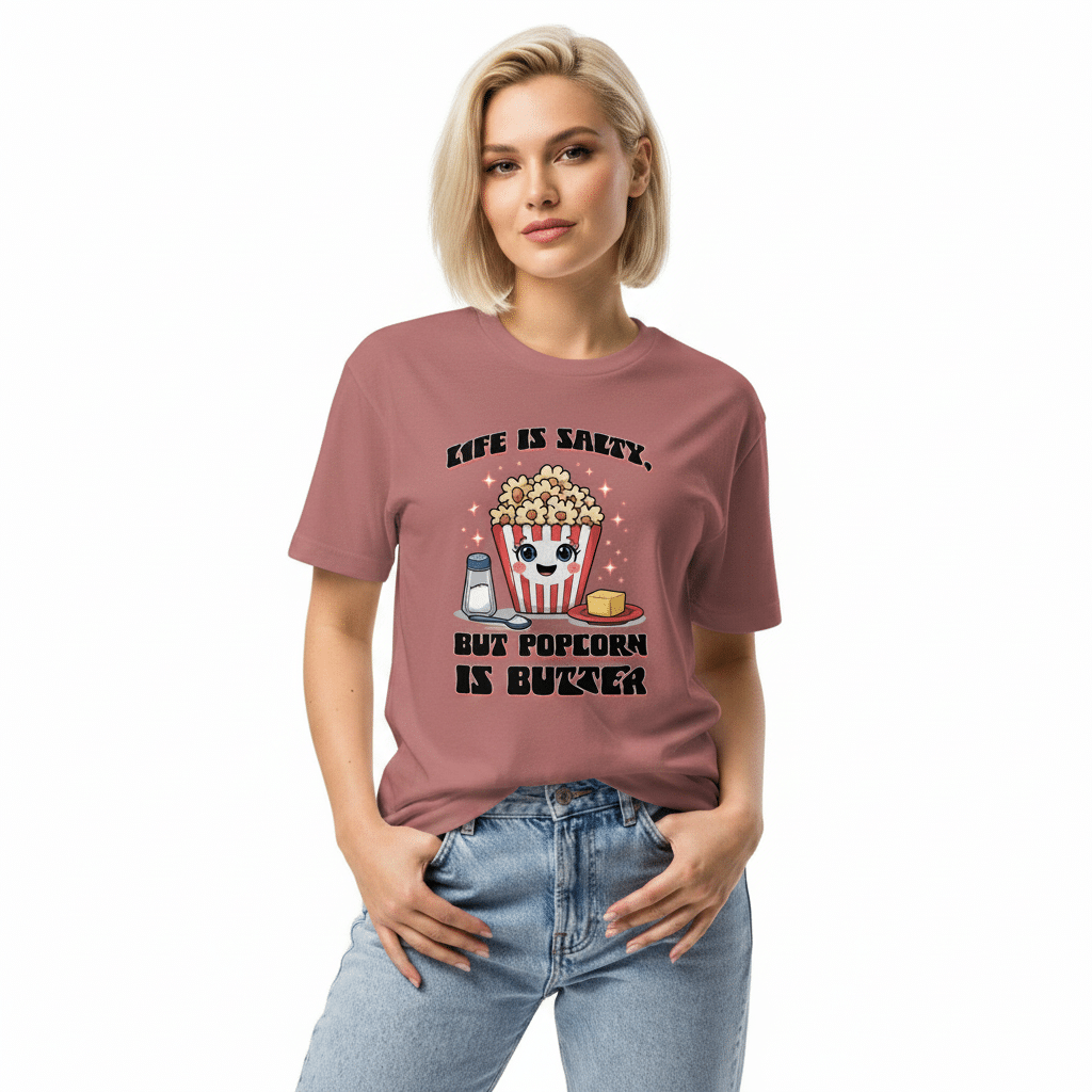 Unisex_Fitted_T-Shirt_-_Next_Level_6210_-_Life_Is__realmodel_20260606_073711 Next Level 6210 unisex fitted crew neck tee, lightweight cotton-polyester blend, featuring "Life is salty" popcorn graphic.