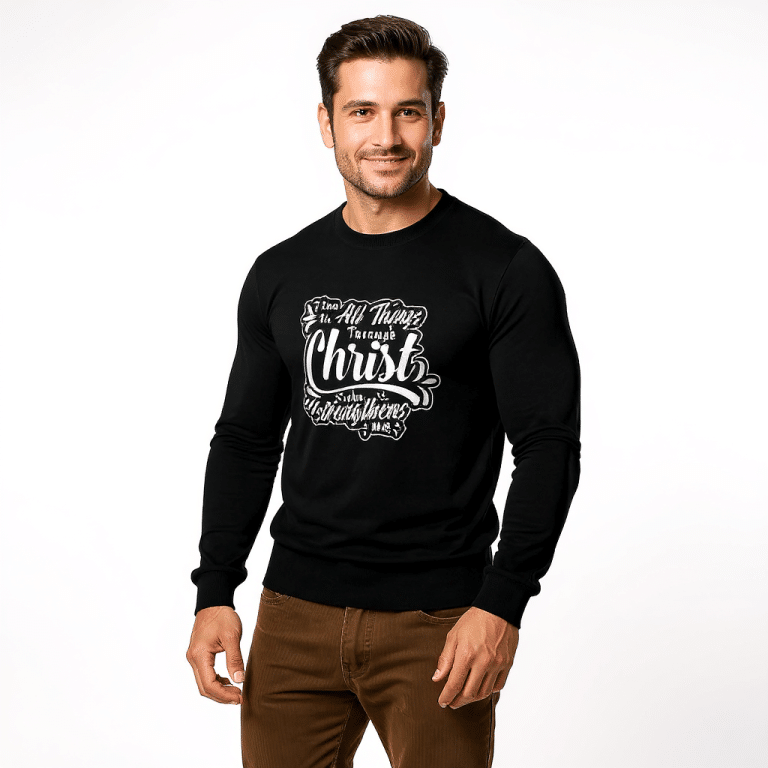 Unisex long sleeve tee with "I Can Do All Things" graphic, classic crew neck, ribbed cuffs, lightweight cotton, regular fit.