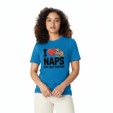 100% cotton unisex classic tee in heather grey with "I Love Naps" print, casual crew neck short sleeve t-shirt.