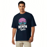 Unisex organic oversized high neck t-shirt in Beach Babe style, dropped shoulders, wide collar, soft cotton.