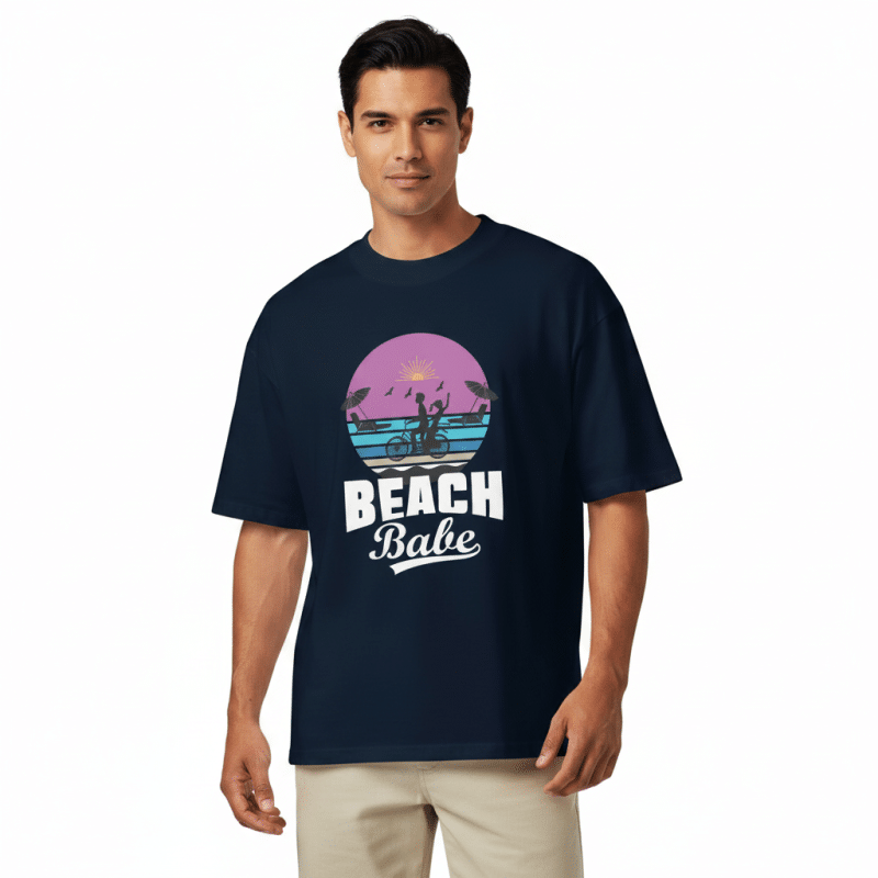 Unisex organic oversized high neck t-shirt in Beach Babe style, dropped shoulders, wide collar, soft cotton.