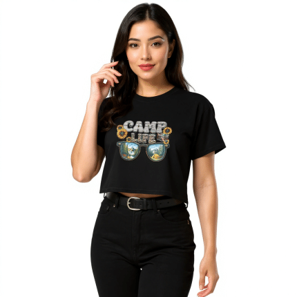 Women's white cotton crop top with Camp Life sunflower and sunglasses graphic, relaxed fit, ribbed crew neck, dropped shoulders.