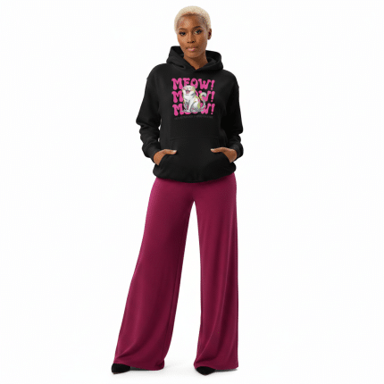 Women's relaxed AS Colour hoodie with playful 'Meow' cat graphic, soft cotton-blend fleece, casual pullover style for comfort
