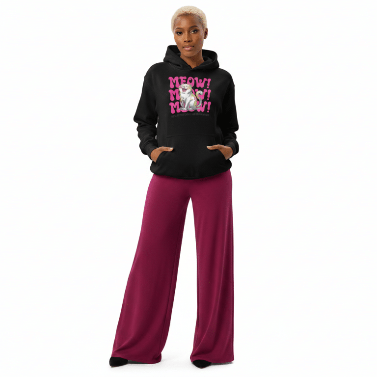 Women's relaxed AS Colour hoodie with playful 'Meow' cat graphic, soft cotton-blend fleece, casual pullover style for comfort