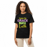 DryBlend Saved By Grace T-Shirt, modern classic fit, moisture-wicking white tee, 50/50 cotton-poly.