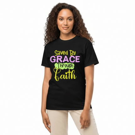 DryBlend Saved By Grace T-Shirt, modern classic fit, moisture-wicking white tee, 50/50 cotton-poly.