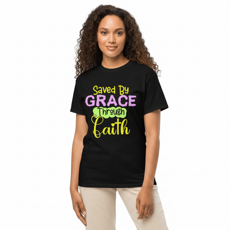 DryBlend Saved By Grace T-Shirt, modern classic fit, moisture-wicking white tee, 50/50 cotton-poly.