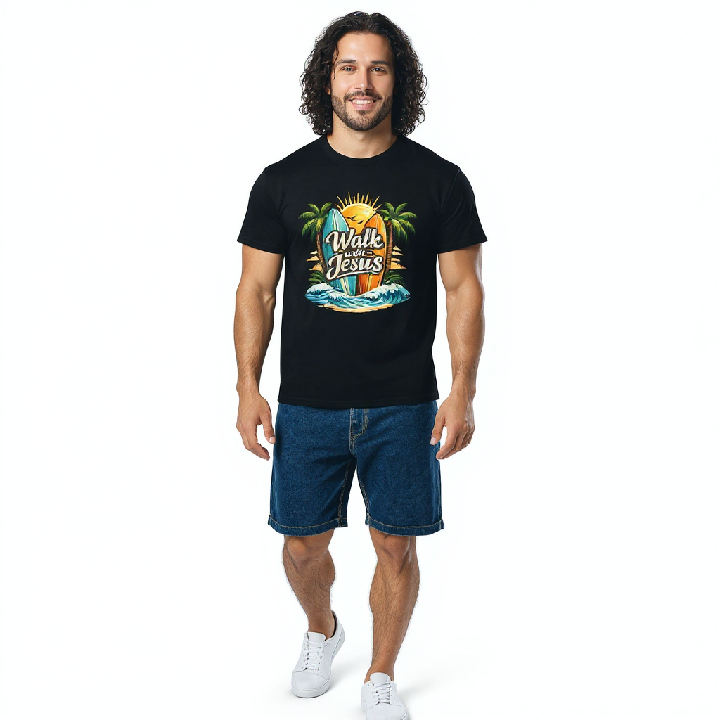 DryBlend_T-Shirt_-_Walk_With_Jesus_realmodel_20260706_122409 Gildan DryBlend T-Shirt - Walk With Jesus: moisture-management, modern classic fit, rib collar, cotton-poly blend.