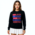 Comfort Colors garment-dyed heavyweight long-sleeve tee, "Love Jesus And America Too" print, unisex relaxed fit, pre-shrunk cotton.