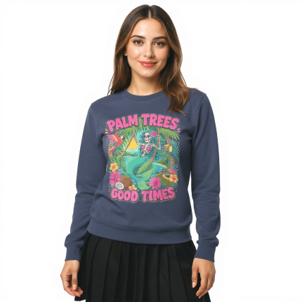 Unisex heavyweight garment-dyed long-sleeve shirt in palm tree print, relaxed fit, pre-shrunk cotton comfort.