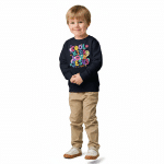 White kids crew neck sweatshirt with 'Cool Kids Love Jesus' text, midweight fleece, regular fit, ribbed edges.