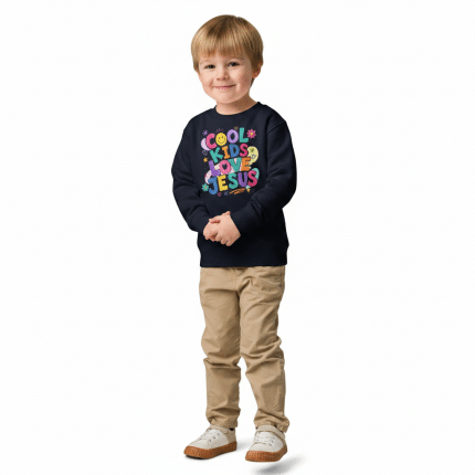 White kids crew neck sweatshirt with 'Cool Kids Love Jesus' text, midweight fleece, regular fit, ribbed edges.