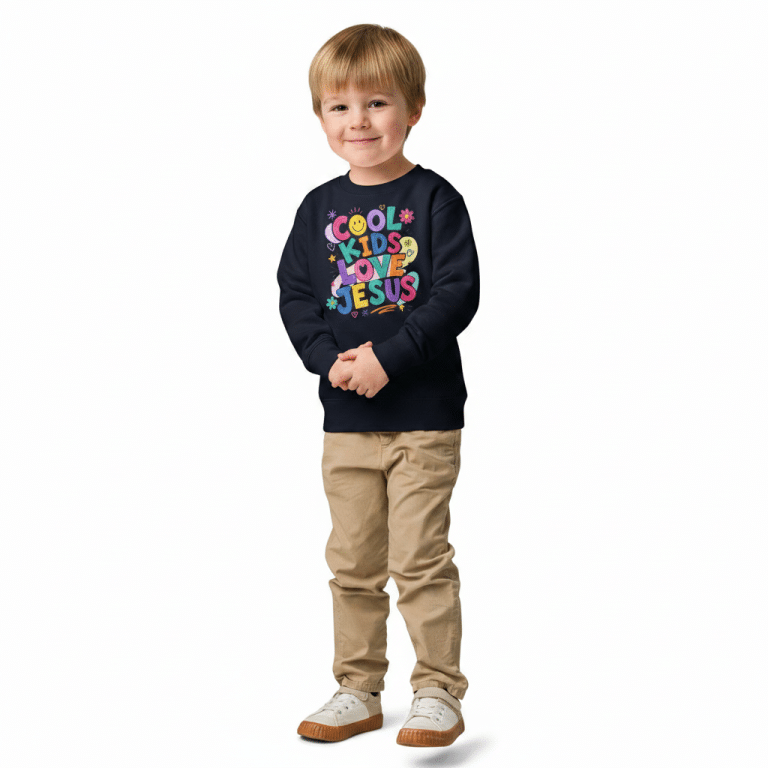 White kids crew neck sweatshirt with 'Cool Kids Love Jesus' text, midweight fleece, regular fit, ribbed edges.