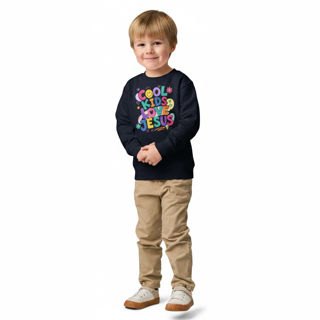 Kids_crew_neck_sweatshirt_-_Cool_Kids_Love_Jesus_realmodel_20260707_012224 White kids crew neck sweatshirt with 'Cool Kids Love Jesus' text, midweight fleece, regular fit, ribbed edges.