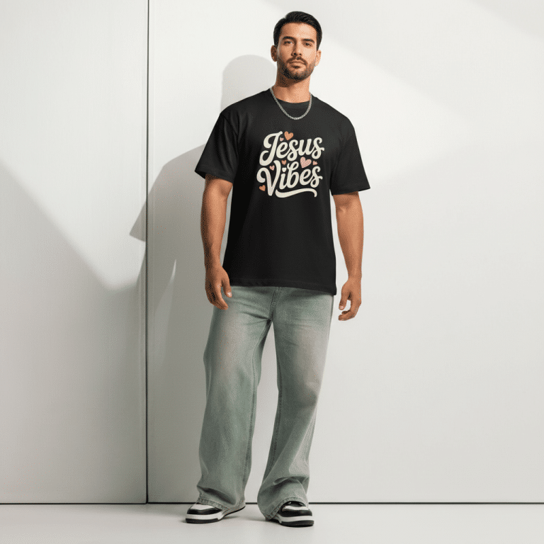Men's boxy tee with Jesus Vibes graphic, oversized relaxed fit, drop shoulder sleeves, ribbed collar, 100% cotton.