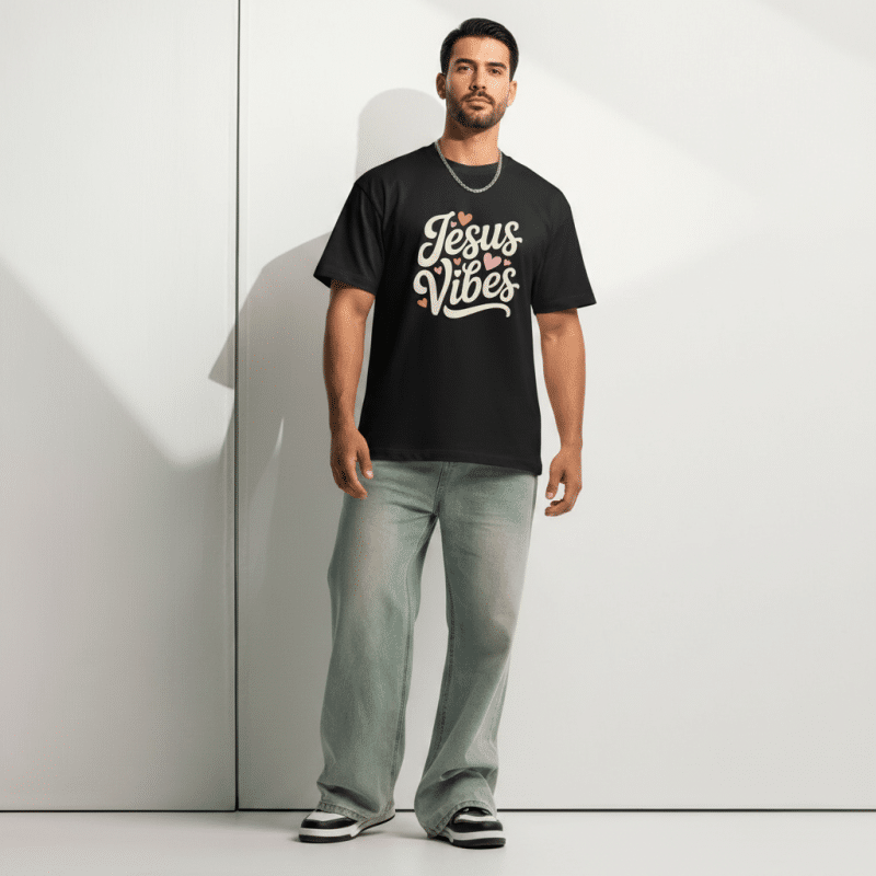Men's boxy tee with Jesus Vibes graphic, oversized relaxed fit, drop shoulder sleeves, ribbed collar, 100% cotton.