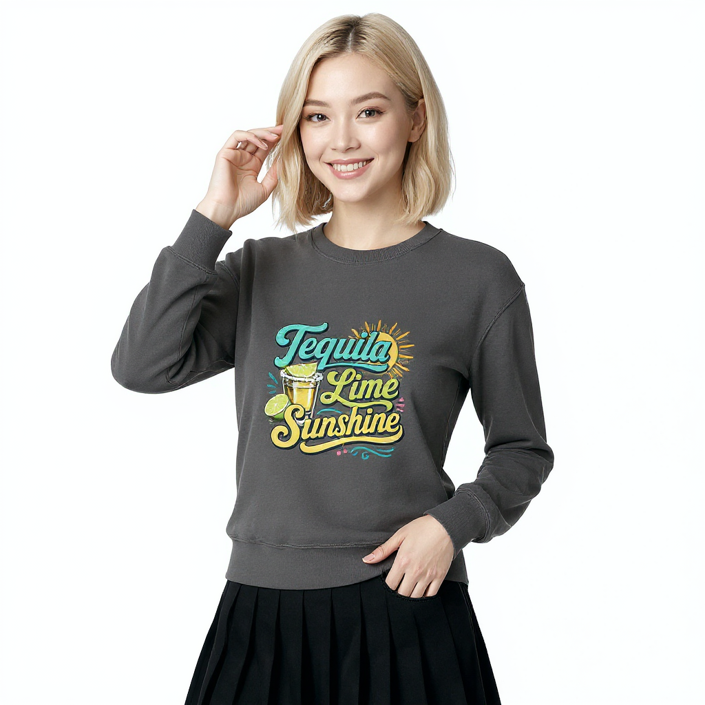 Unisex_garment-dyed_sweatshirt_-_Tequila_Lime_Suns_realmodel_20260701_230031 Unisex garment-dyed sweatshirt in Tequila Lime Sunshine, vintage-washed, relaxed fit, soft worn-in feel, perfect for everyday wear.