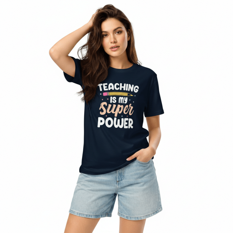 Unisex organic cotton t-shirt with "Teaching Is My Super Power" print, classic fit, eco-friendly, 100% organic.