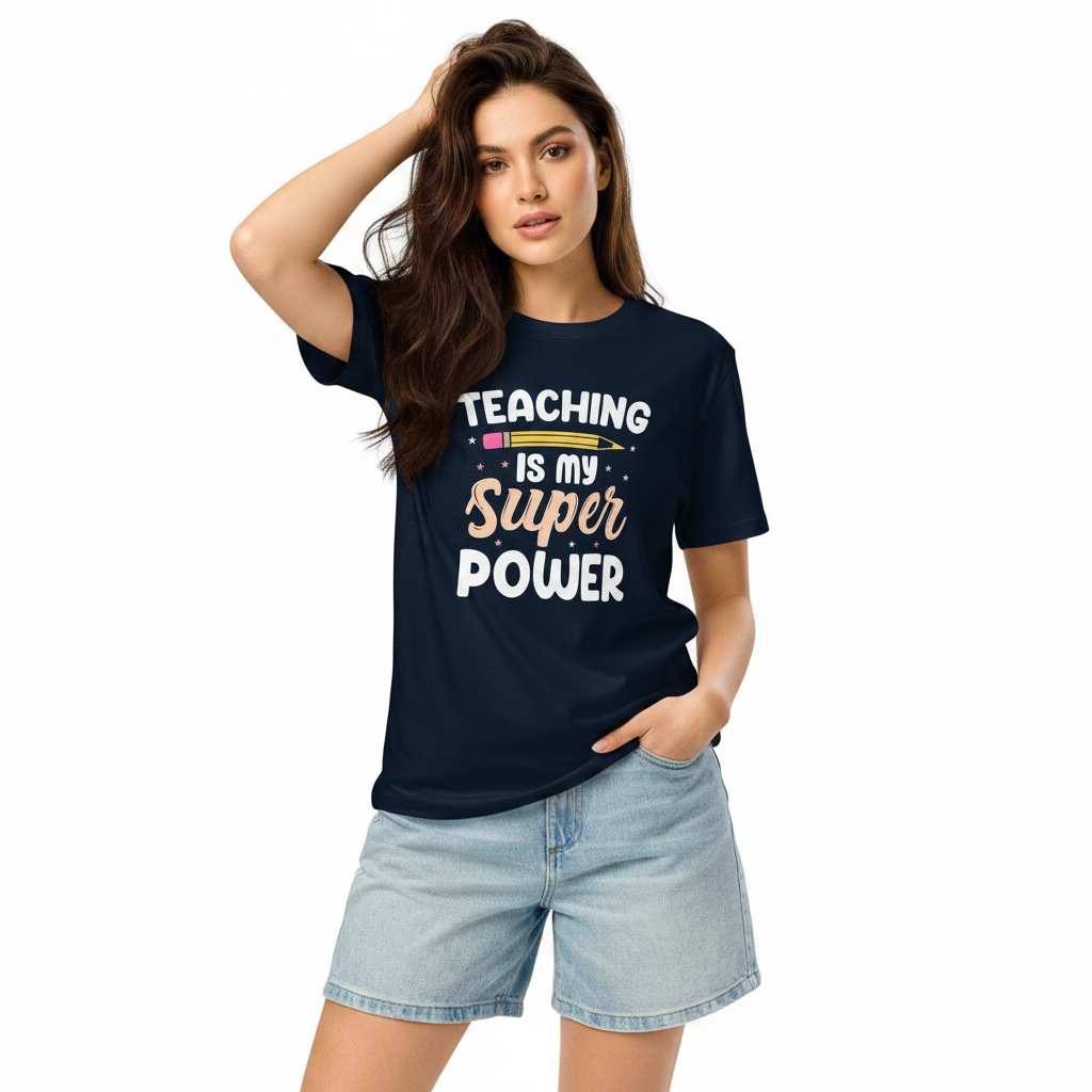 Unisex organic cotton t-shirt with "Teaching Is My Super Power" print, classic fit, eco-friendly, 100% organic.