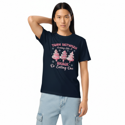 Unisex organic cotton t-shirt with 'Torn Between Looking Like A Snack' text, regular fit, eco-friendly, soft fabric.