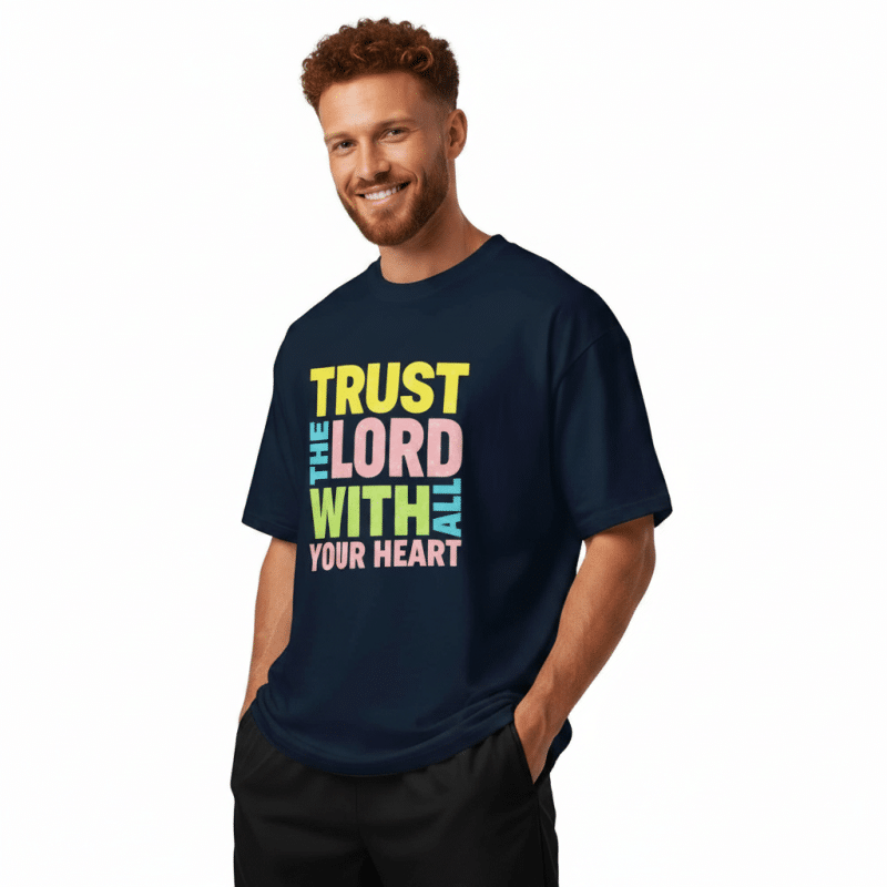 Organic unisex oversized high neck tee with 'Trust In The Lord' print, dropped shoulders, relaxed fit.