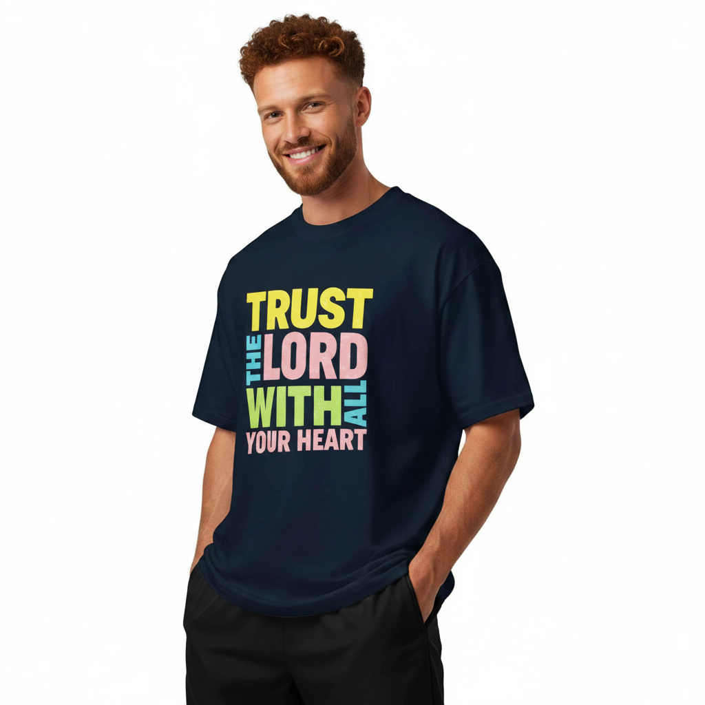 Unisex_organic_oversized_high_neck_t-shirt_-_Trust_realmodel_20260706_122627 Organic unisex oversized high neck tee with 'Trust In The Lord' print, dropped shoulders, relaxed fit.