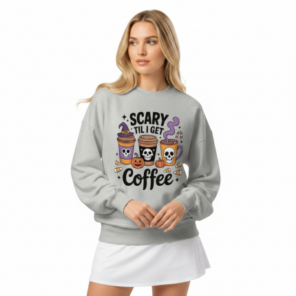 Unisex organic oversized sweatshirt with 'Scary Til I Get Coffee' graphic, soft brushed interior, ribbed cuffs and hem.