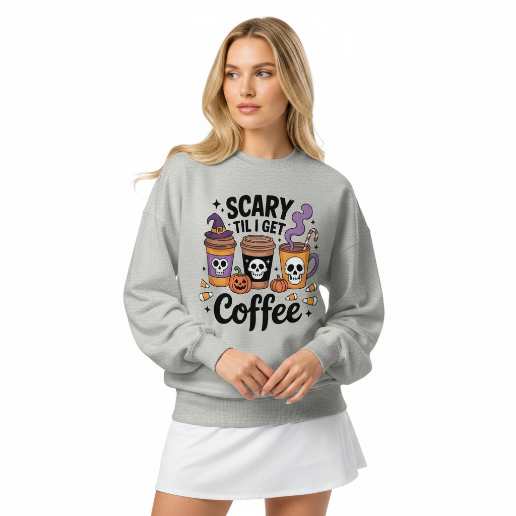 Unisex organic oversized sweatshirt with 'Scary Til I Get Coffee' graphic, soft brushed interior, ribbed cuffs and hem.