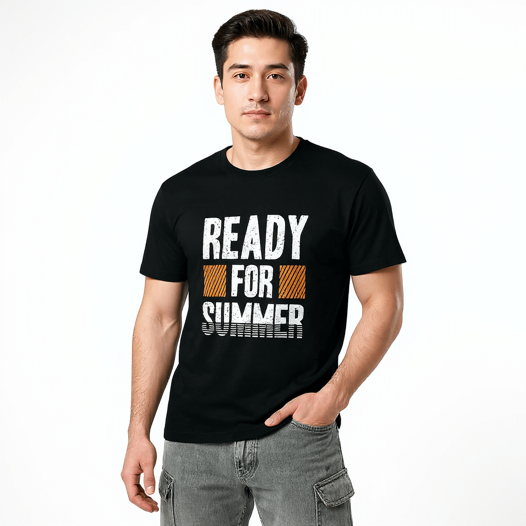 Unisex_premium_t-shirt_-_Ready_For_Summer_realmodel_20260702_132945 Unisex premium cotton crew neck tee in regular fit, pre-shrunk for lasting comfort.
