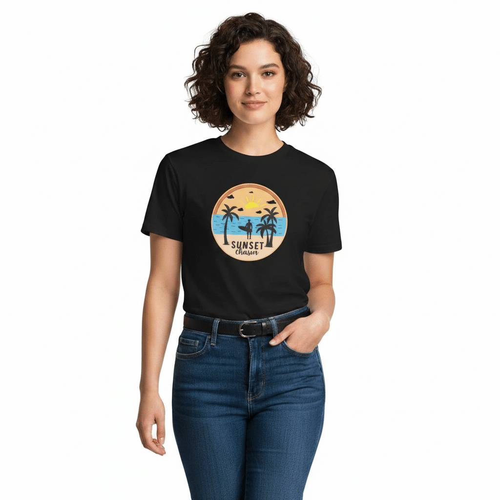 Unisex_premium_t-shirt_-_Sunset_Chasin_realmodel_20260701_225300 Premium Unisex T-shirt in Sunset Chasin – soft, pre-shrunk 100% combed cotton crew neck tee with regular fit, side-seam construction, and timeless style.
