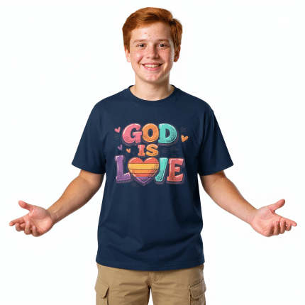 Youth classic tee in white, 100% cotton, classic fit, featuring "God Is Love" print, pre-shrunk, for kids.
