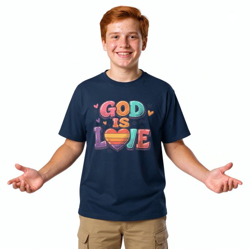 Youth classic tee in white, 100% cotton, classic fit, featuring "God Is Love" print, pre-shrunk, for kids.