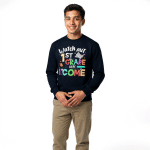 Gildan white youth crewneck sweatshirt with "Watch out First Grade" text, soft fleece cotton-polyester blend, regular fit.