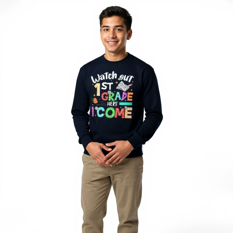 Gildan white youth crewneck sweatshirt with "Watch out First Grade" text, soft fleece cotton-polyester blend, regular fit.