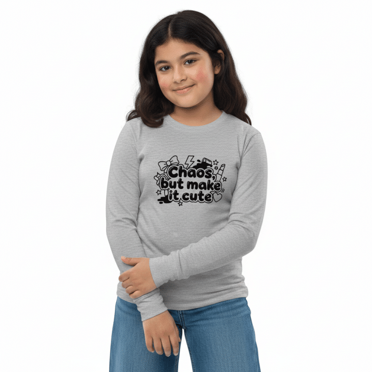 Youth long sleeve tee in soft Airlume cotton, "Chaos But Make It Cute" print, crew neck, regular fit.