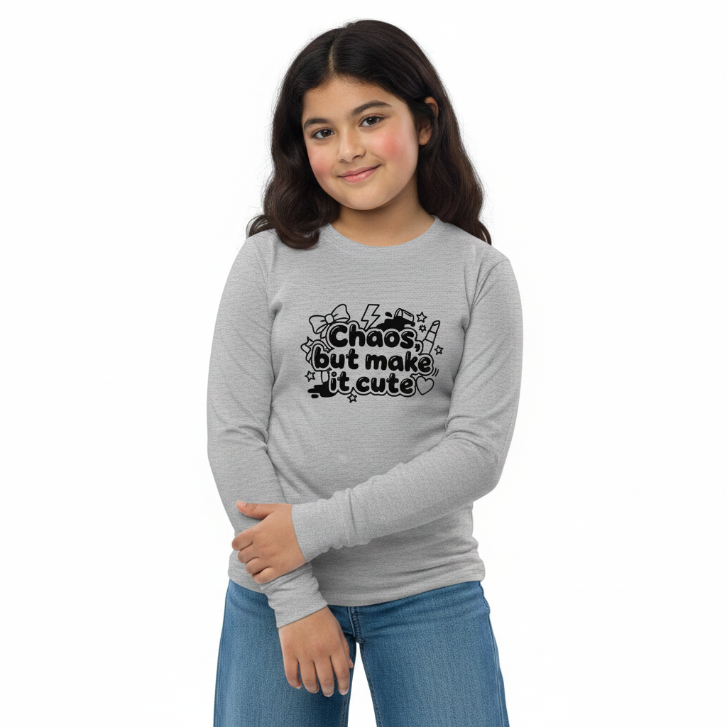 Youth_long_sleeve_tee_-_Chaos_But_Make_It_Cute_realmodel_20260718_120907 Youth long sleeve tee - Chaos But Make It Cute - Image 1