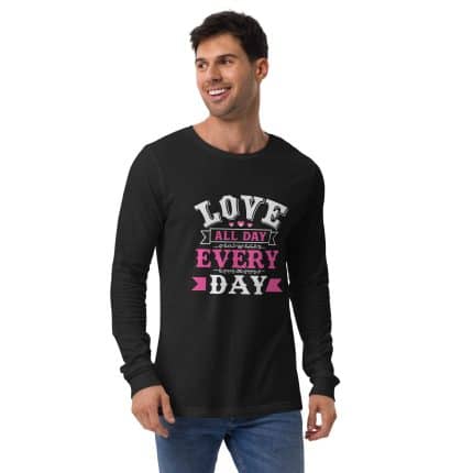 Bella + Canvas unisex long sleeve tee, 'Love All Day Every Day' slogan, crew neck, regular fit, 100% combed cotton, versatile casual style.