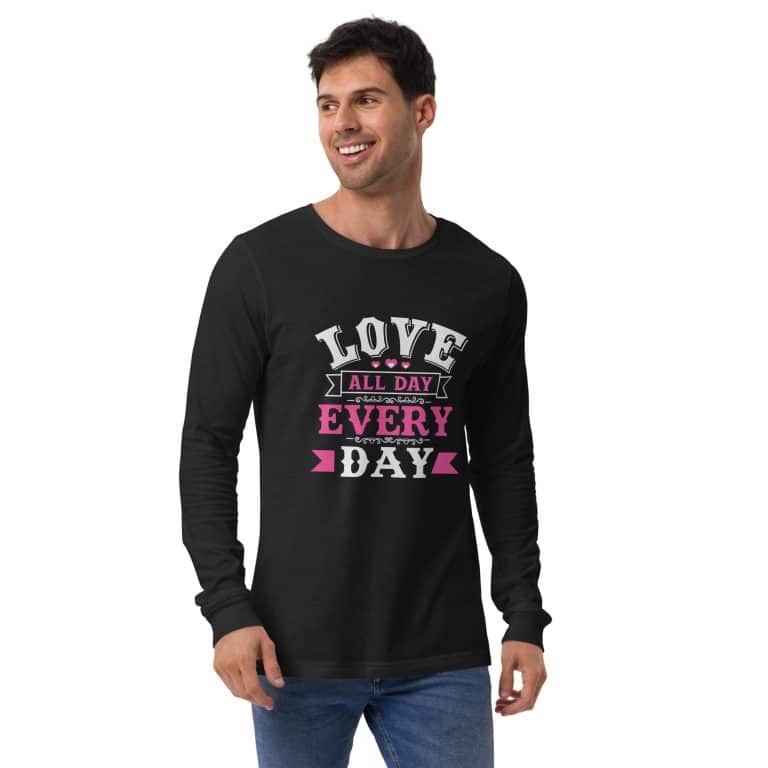 Bella + Canvas unisex long sleeve tee, 'Love All Day Every Day' slogan, crew neck, regular fit, 100% combed cotton, versatile casual style.