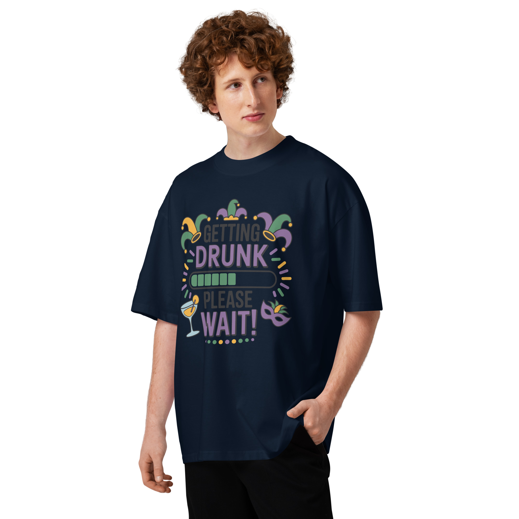 unisex-organic-oversized-high-neck-blaster-2.0-t-shirt-french-navy-front-6a6606440dd38.jpg Unisex organic oversized high neck t-shirt - Getting Drunk - Image 1