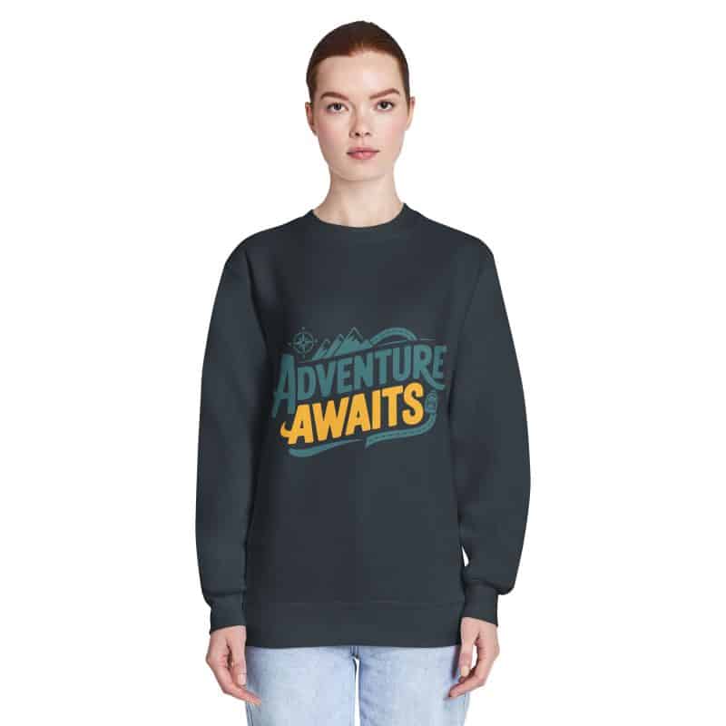 Adventure Awaits unisex premium crew neck sweatshirt, classic fleece pullover in heather gray, soft and structured.