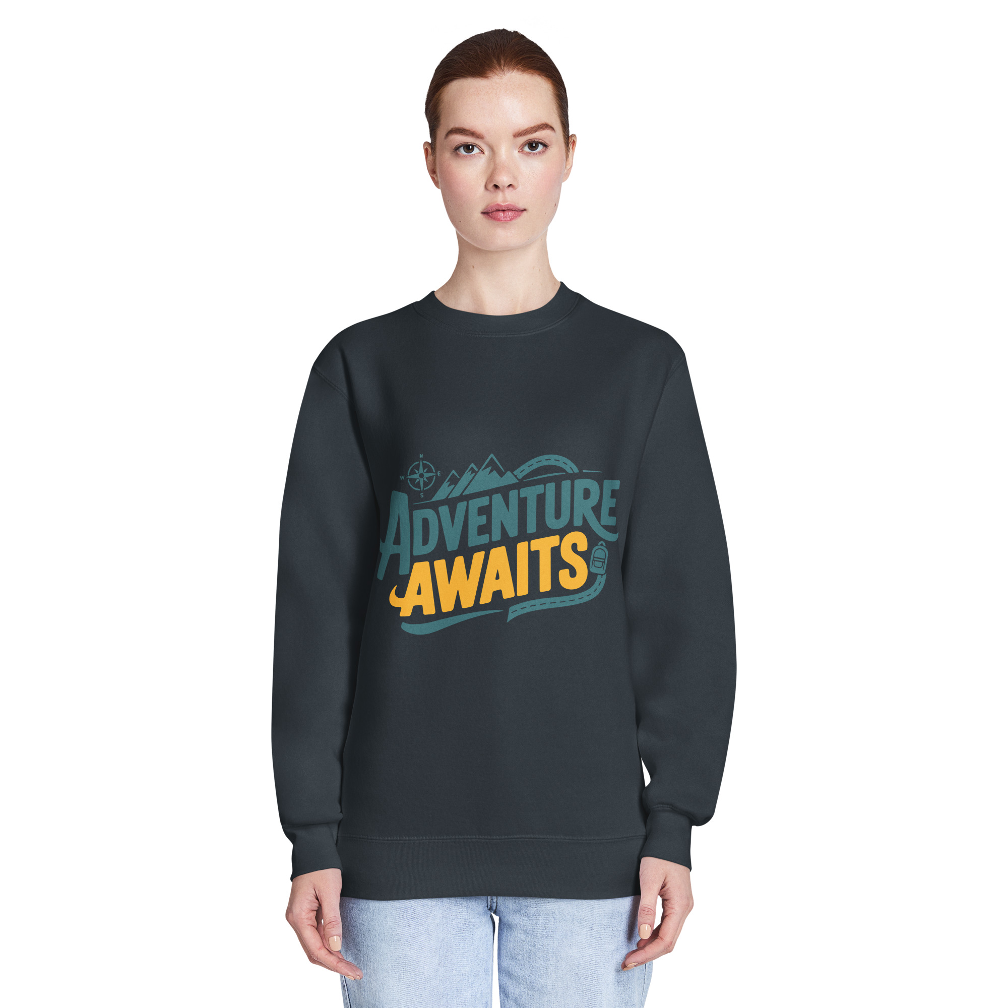 unisex-premium-crew-neck-sweatshirt-navy-front-6a5ecf730629c.jpg Unisex premium crew neck sweatshirt - Adventure Awaits - Image 1